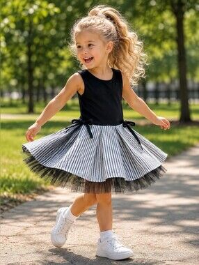 Girls NavyTank With Striped Pleated Skirt With Tulle Ruffle